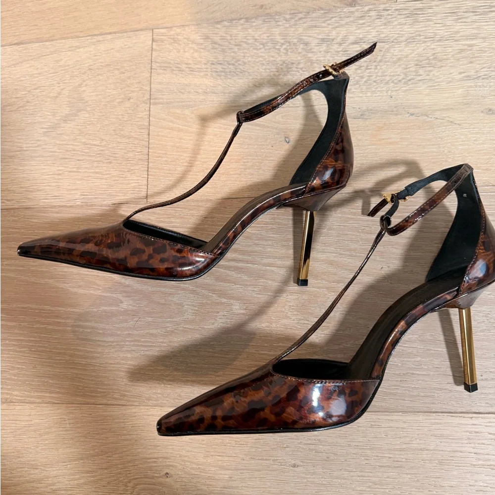 SCHUTZ T-Strap Pointed Toe Heels in Tortoiseshell Brown - Picture 7 of 10